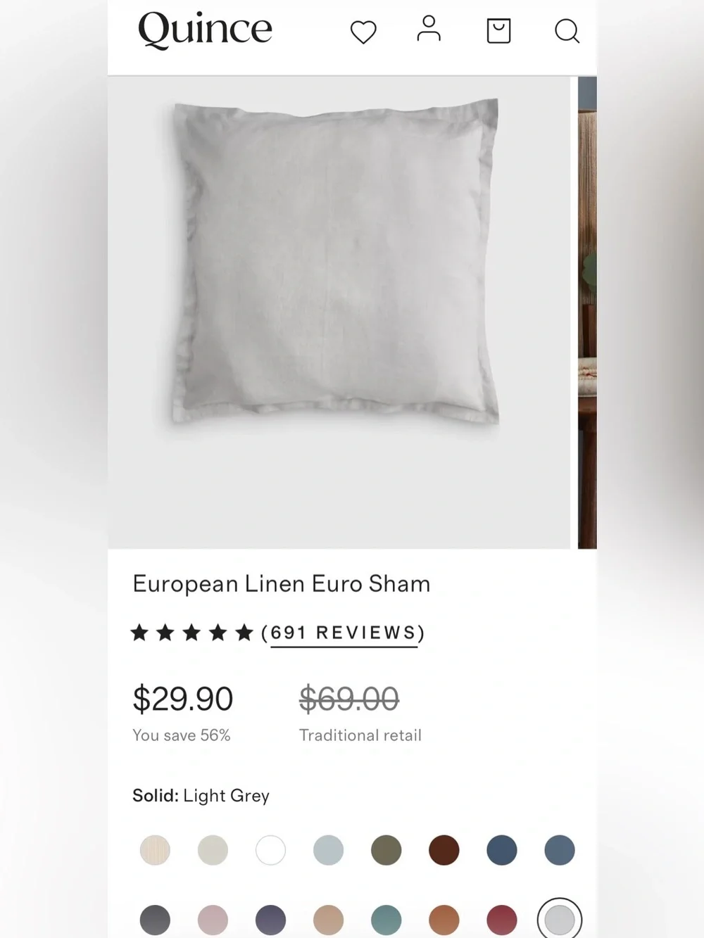 NWOT Quince European Linen Euro Sham, 26 X 26 (Light Gray)